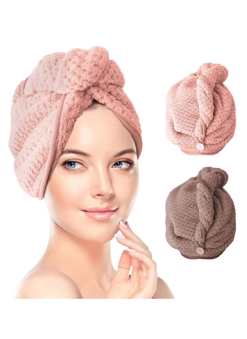 KASTWAVE - Drying Hair Towel, Microfiber Wrap Dry Hair Cap, Magic Fast Drying Towelette with Elastic Loop Button for Long Curly Hair Anti-frizz All Hair Types Pink, Brown - Image 1