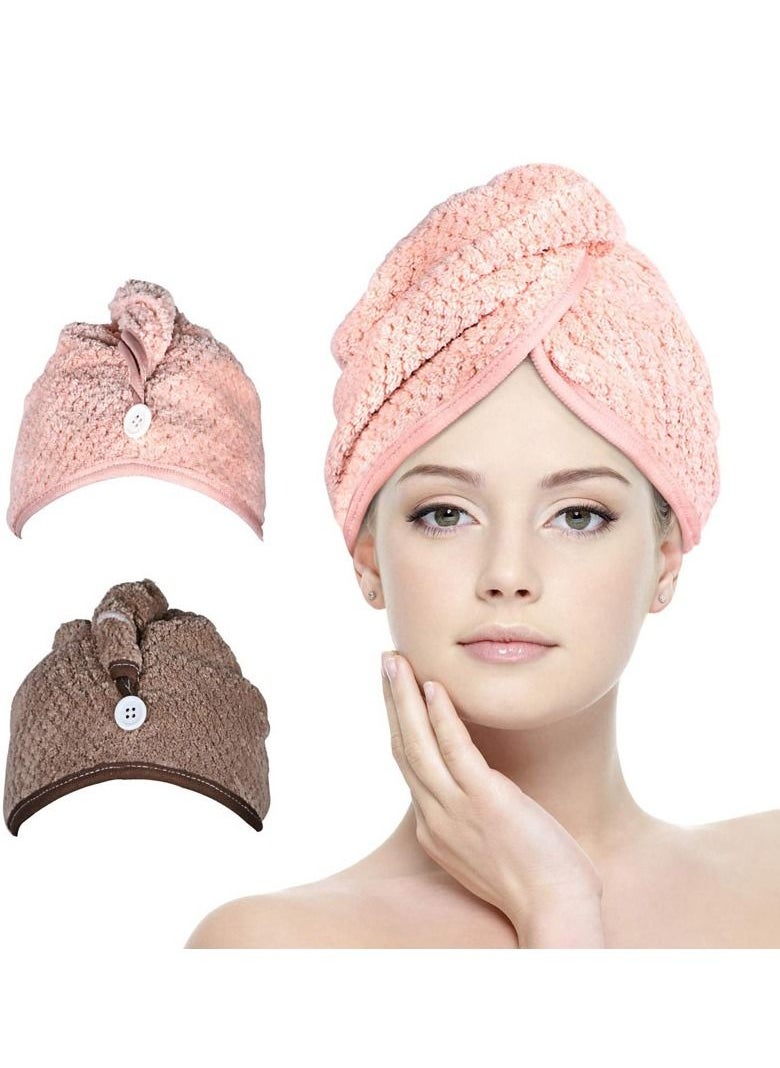 KASTWAVE - Drying Hair Towel, Microfiber Wrap Dry Hair Cap, Magic Fast Drying Towelette with Elastic Loop Button for Long Curly Hair Anti-frizz All Hair Types Pink, Brown - Image 1