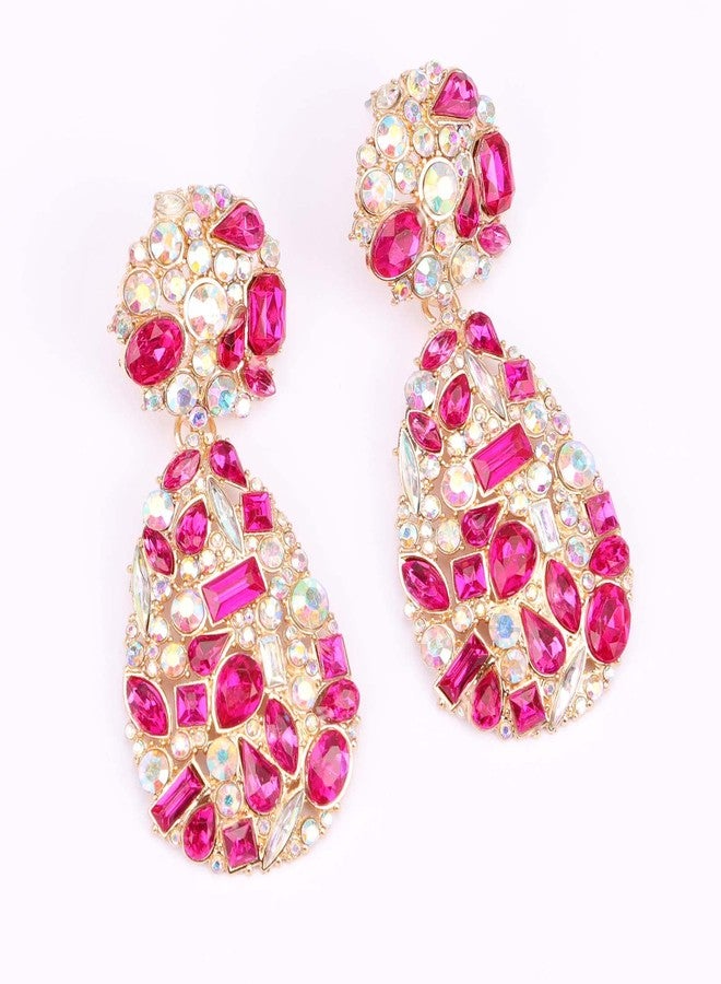 BaubleStar Rhinestone Teardrop Dangle Earrings with Round Studs Hot Pink Crystal Water Drop Statement Earrings Wedding Gift Jewelry for Women - Image 3