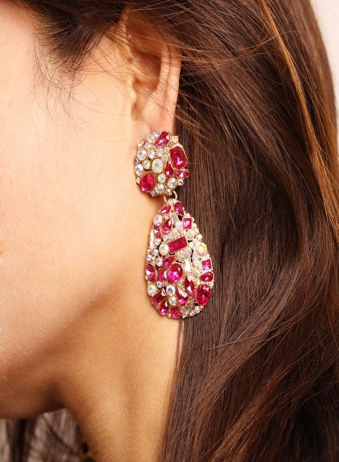 BaubleStar Rhinestone Teardrop Dangle Earrings with Round Studs Hot Pink Crystal Water Drop Statement Earrings Wedding Gift Jewelry for Women - Image 2
