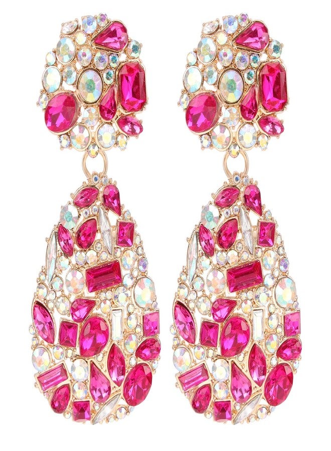 BaubleStar Rhinestone Teardrop Dangle Earrings with Round Studs Hot Pink Crystal Water Drop Statement Earrings Wedding Gift Jewelry for Women - Image 1