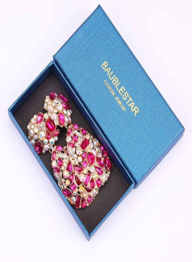 BaubleStar Rhinestone Teardrop Dangle Earrings with Round Studs Hot Pink Crystal Water Drop Statement Earrings Wedding Gift Jewelry for Women - Image 5