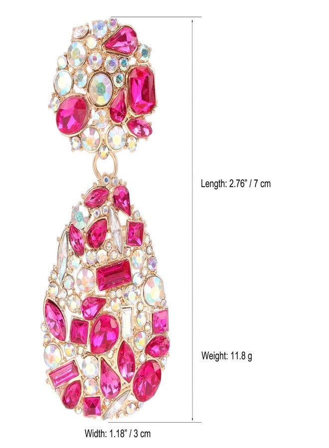 BaubleStar Rhinestone Teardrop Dangle Earrings with Round Studs Hot Pink Crystal Water Drop Statement Earrings Wedding Gift Jewelry for Women - Image 4