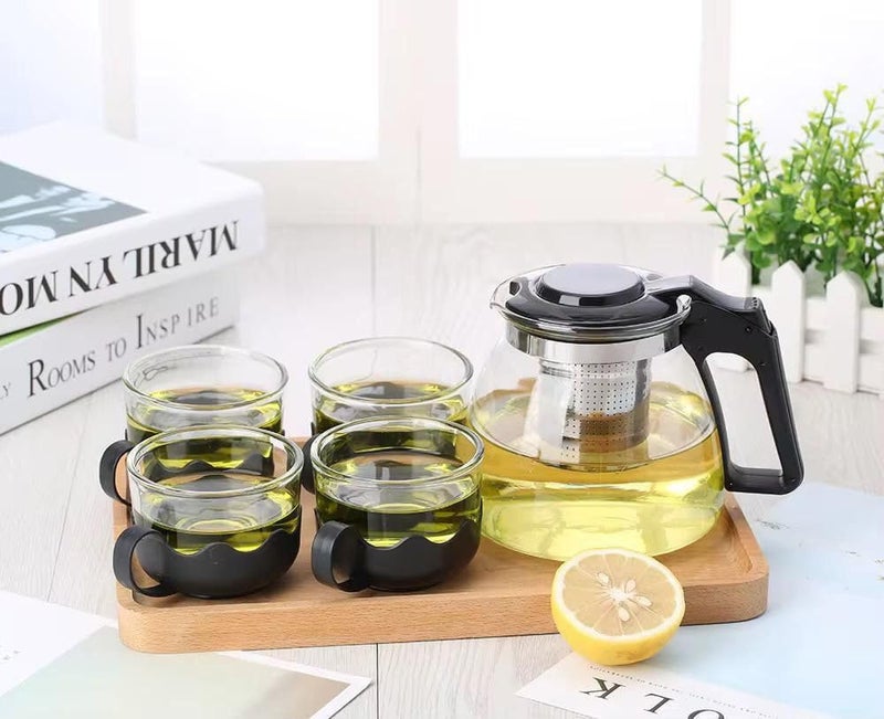 Premium Glass Carafe Set with Inner Strainer, Serving Jug with 4 Thermal Glass Cups, 5 Pieces, for Tea, Coffee, Juices*