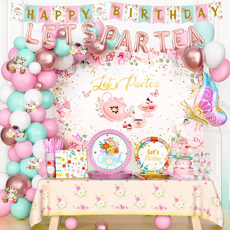 Fiesec Tea Party Decorations Lets Par Tea Supplies with Teapot Floral Backdrop Balloon Banner Tablecloth Tableware Plates Napkins Cups Straws Knives Forks Spoons for Birthday Baby Shower - Image 2