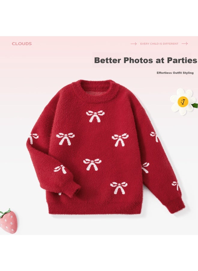 Pepco Girls' New Year Sweater Autumn Winter Warm Bowknot Thick Knit Pullover Red 120 - Image 1
