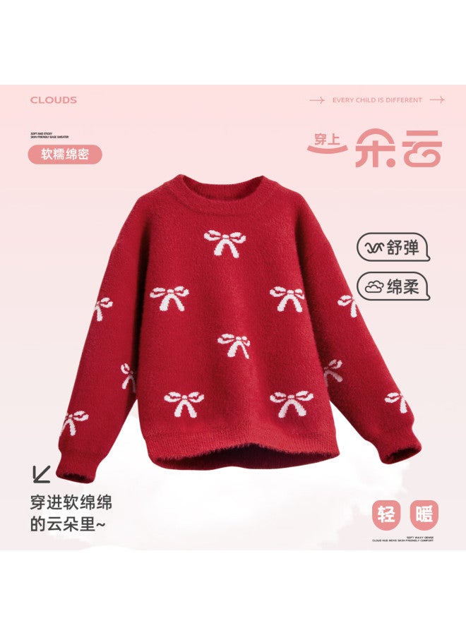Pepco Girls' New Year Sweater Autumn Winter Warm Bowknot Thick Knit Pullover Red 120 - Image 4