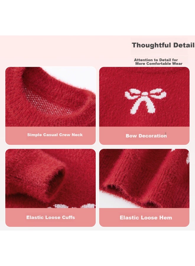 Pepco Girls' New Year Sweater Autumn Winter Warm Bowknot Thick Knit Pullover Red 120 - Image 3