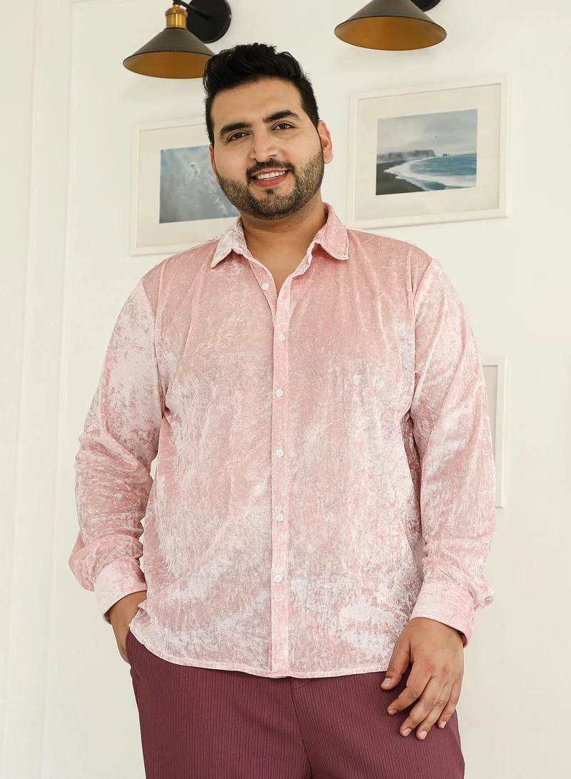 انستافاب بلس Instafab Plus Men's Blush Pink Solid Velvet Shirt For Casual Wear | Spread Collar | Long Cuffed Sleeves | Button Closure | Plus Size Shirt Crafted With Comfort Fit For Everyday Wear