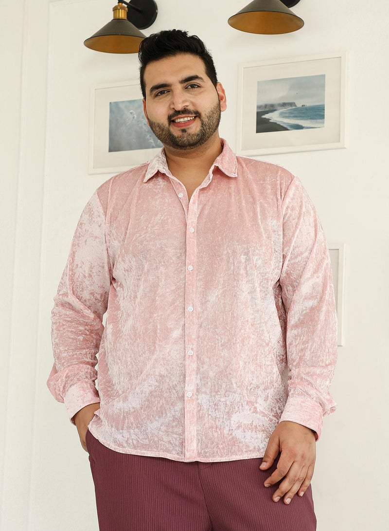 Instafab Plus Instafab Plus Men's Blush Pink Solid Velvet Shirt For Casual Wear | Spread Collar | Long Cuffed Sleeves | Button Closure | Plus Size Shirt Crafted With Comfort Fit For Everyday Wear - Image 2