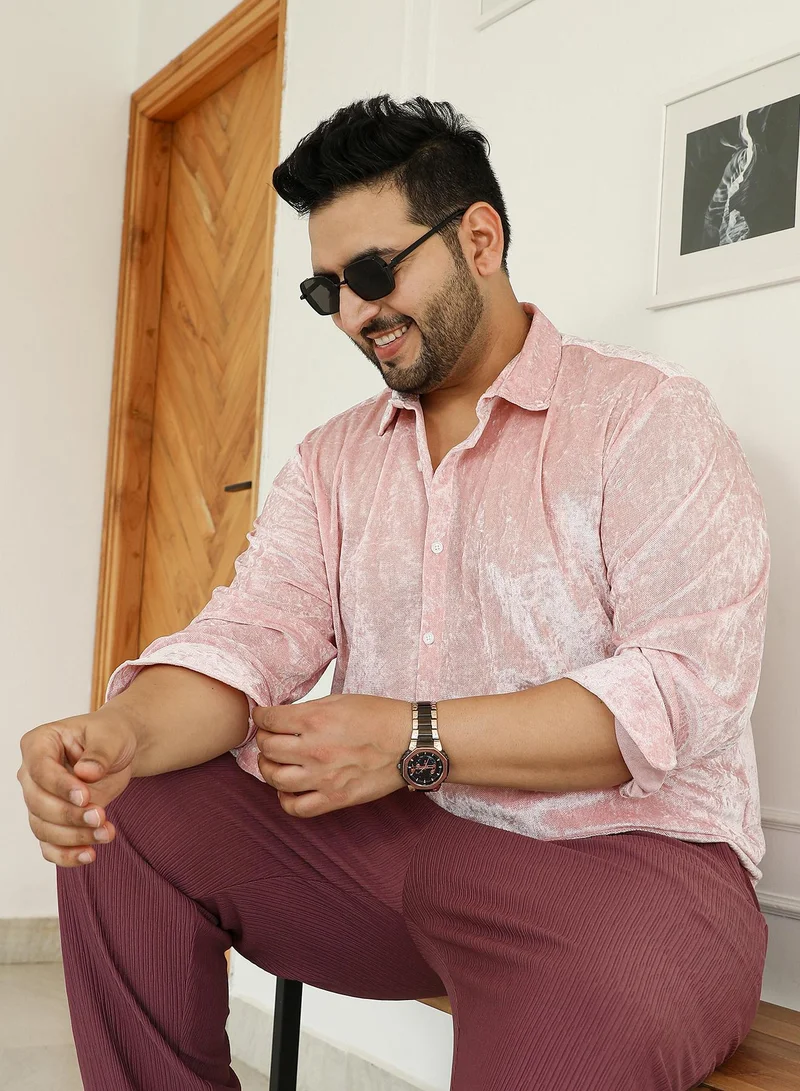 انستافاب بلس Instafab Plus Men's Blush Pink Solid Velvet Shirt For Casual Wear | Spread Collar | Long Cuffed Sleeves | Button Closure | Plus Size Shirt Crafted With Comfort Fit For Everyday Wear