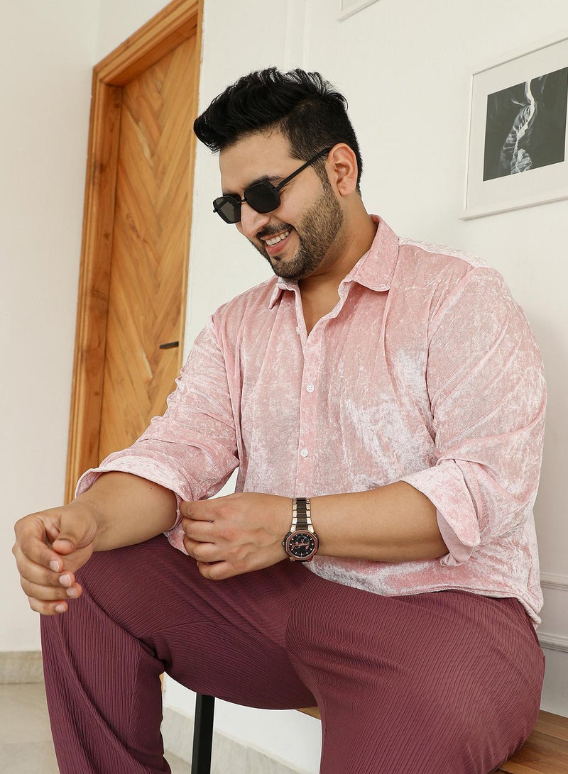Instafab Plus Instafab Plus Men's Blush Pink Solid Velvet Shirt For Casual Wear | Spread Collar | Long Cuffed Sleeves | Button Closure | Plus Size Shirt Crafted With Comfort Fit For Everyday Wear - Image 1