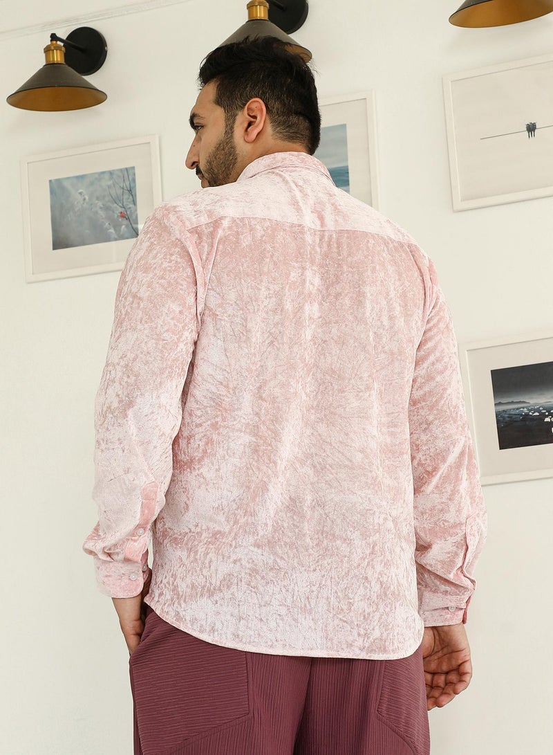 Instafab Plus Instafab Plus Men's Blush Pink Solid Velvet Shirt For Casual Wear | Spread Collar | Long Cuffed Sleeves | Button Closure | Plus Size Shirt Crafted With Comfort Fit For Everyday Wear - Image 5