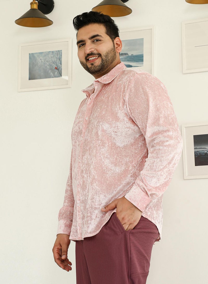 Instafab Plus Instafab Plus Men's Blush Pink Solid Velvet Shirt For Casual Wear | Spread Collar | Long Cuffed Sleeves | Button Closure | Plus Size Shirt Crafted With Comfort Fit For Everyday Wear - Image 3