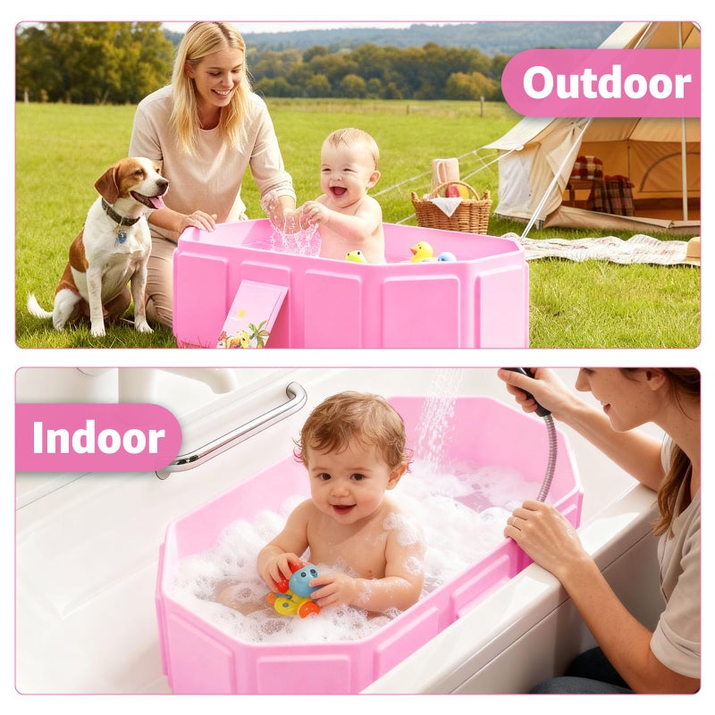 Jollcma Collapsible Baby Bathtub, Toddler Bathtub with a Drain Plug, Folded for Storage Without Assembly, Suitable for Newborns to Toddlers, Portable Bathtub for Outdoor Travel, Pink - Image 4