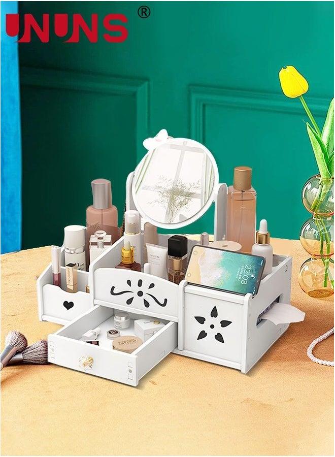 UNUNS Desk Organizer,2-Layer Large Capacity Organizer With Drawers And Mirror,Bathroom Mobile Phone Stand Tissue Storage,Ideal For Bedroom Bathroom Countertops - Image 2
