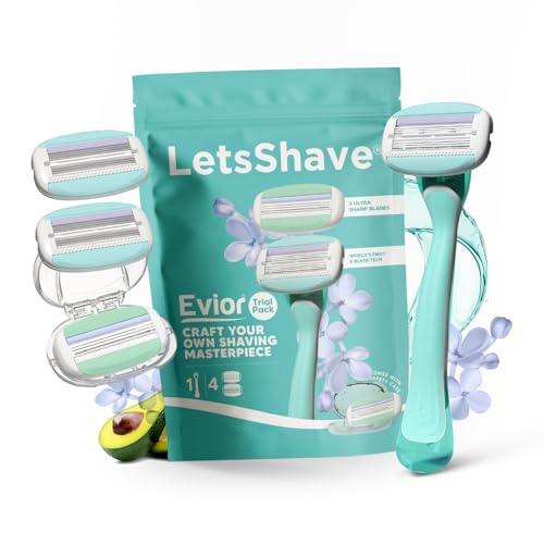 LetsShave Evior Trial Pack Shaving Razor Value Set For Women, 4 Blades + 1 Handle, Open Flow Cartridge, Dual Moisture Bar & Micro Comb Guard Bar, Razor For Women Underarms, Legs & Bikini Area - Image 1