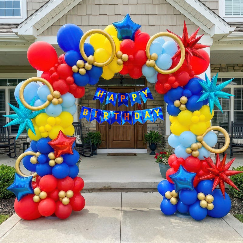 froufing Super Hero Hedgehog Theme party decorations with 107Pcs Red Blue Yellow Gold Balloon Garland Arch Kit foil lightning Star balloons birthday banner for kids cartoon themed Baby Shower decor - Image 2