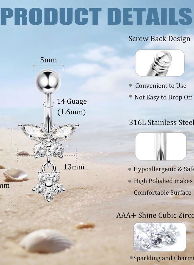 PLOMFOV Belly Button Ring Surgical Steel Belly Rings for Women 14G Belly Button Piercing CZ Pearl Cute Navel Ring Belly Piercing Jewelry, Stainless Steel, cubic zirconia - Image 3