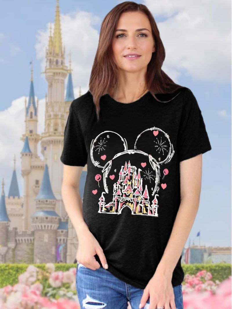OUMASK Magic Kingdom Shirts for Women Magical Castle Graphic Tees Family Vacation Trip Short Sleeve Tops A-Black - Image 2