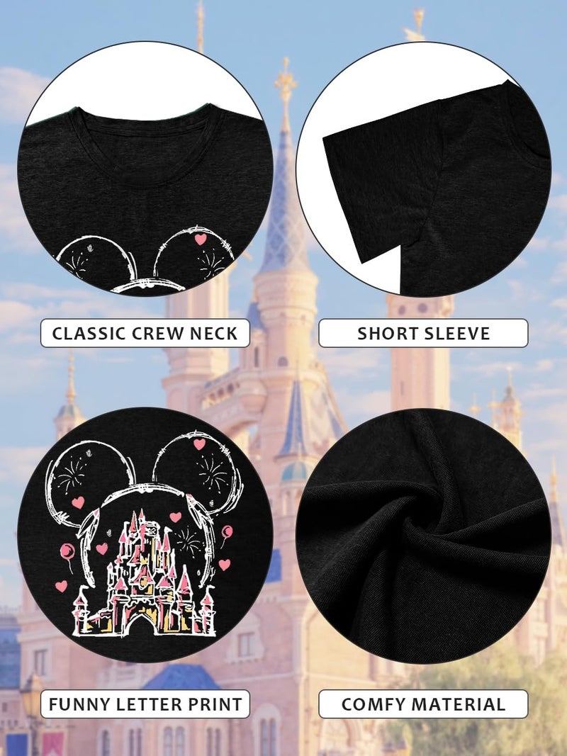 OUMASK Magic Kingdom Shirts for Women Magical Castle Graphic Tees Family Vacation Trip Short Sleeve Tops A-Black - Image 5