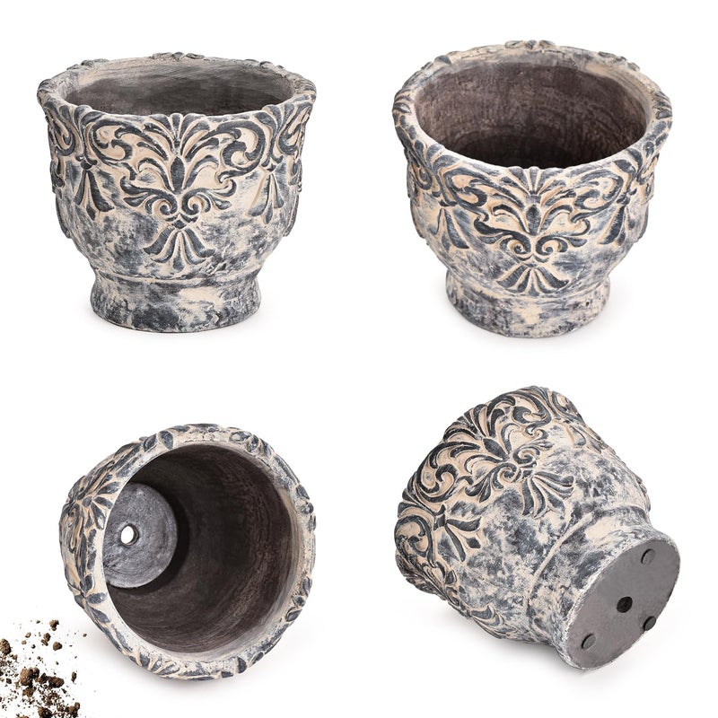 Sungmor 7.3 Inch Cement Plant Pot for Plants, Succulent Planter with Embossed Design, Vintage Concrete Flowerpots with Drainage Hole, Decorative Orchid Houseplant Pot Indoor Outdoor Plant Container - Image 2