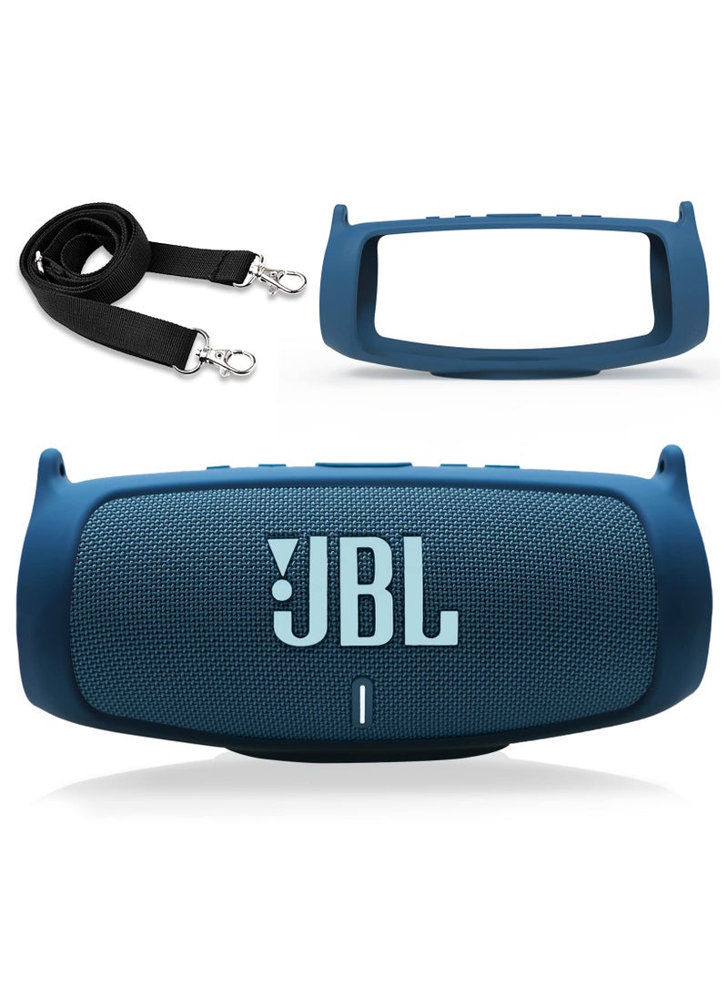 Generic Silicone Case Cover for JBL Charge 5 Speaker Travel Protective Carrying Gel Soft Skin Waterproof Rubber Pouch with Shoulder Strap(Blue)  - Image 1