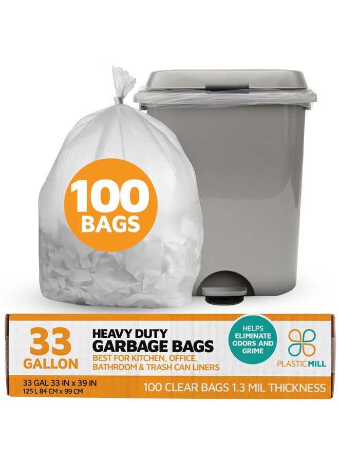 PlasticMill 33 Gallon, Clear, 1.3 Mil, 33x39, 100 Bags/Case, Garbage Bags/Trash Can Liners. - Image 1