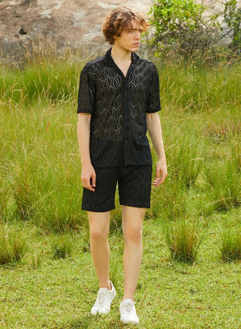 Campus Sutra Men's Raven Black Boho Knit Co-Ord Set