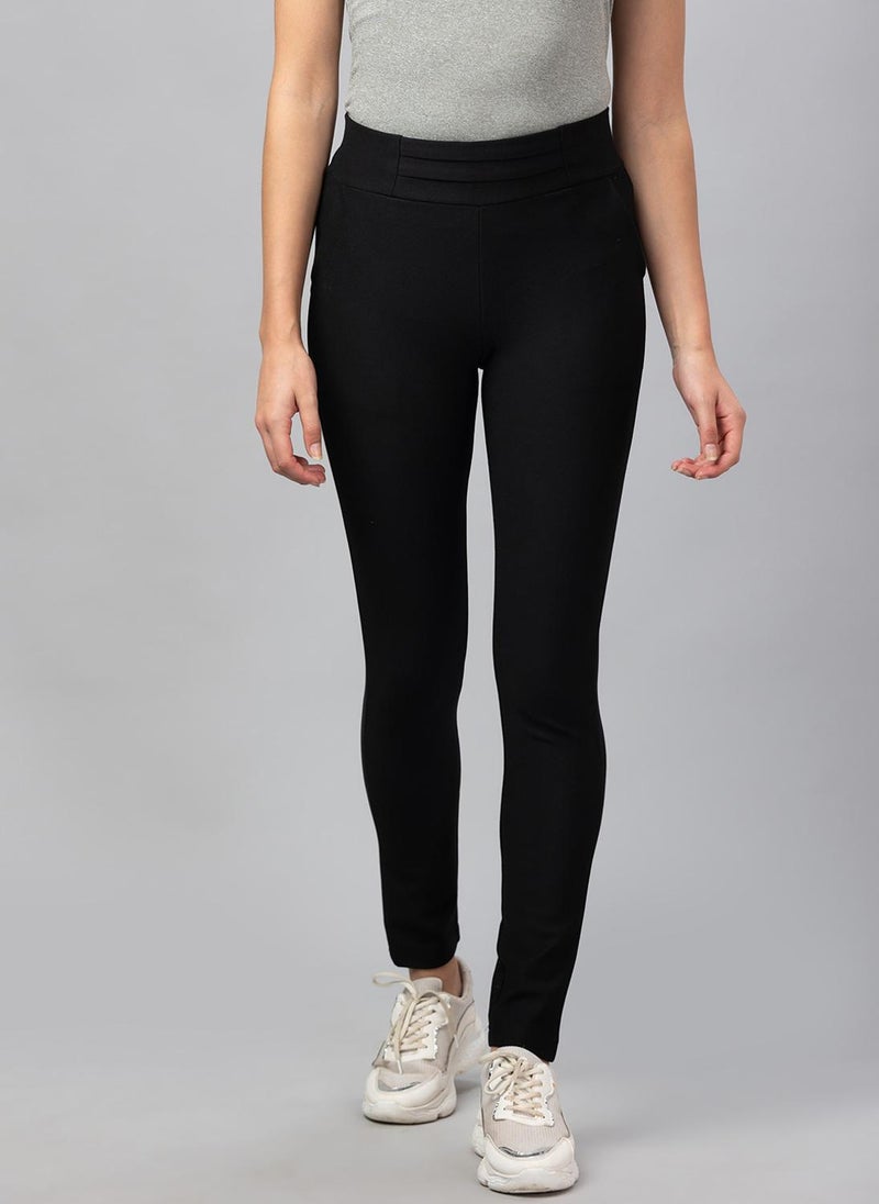 Globus Women's Black Mid-Rise Stretch Skinny Treggings - Image 1