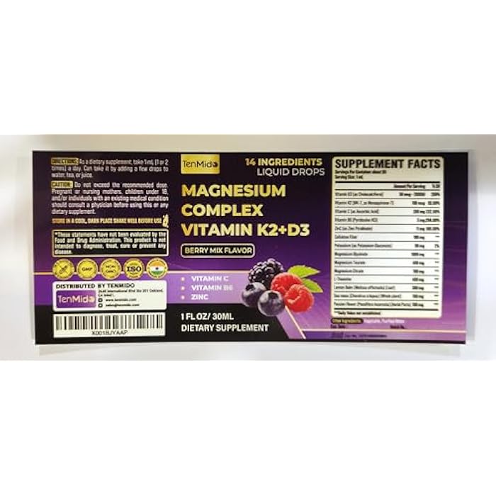 Tenmido 14in1 Magnesium Glycinate Liquid Drops with Taurate, Citrate, L-Theanine, Lemon Balm, Passion Flower, Cellulose Fiber, Potassium, and More - 30ml 1 Fl Oz - Image 4