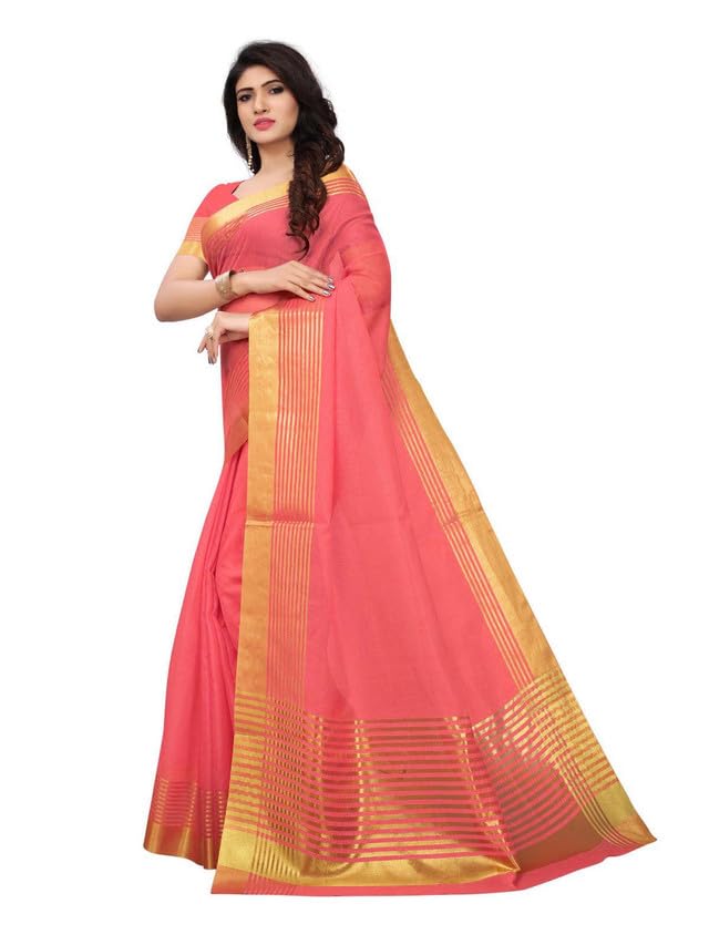 SIRIL Women's Gold Stripes Kota Doria Cotton Silk Saree with Unstitched Blouse(807S2_Peach) - Image 1