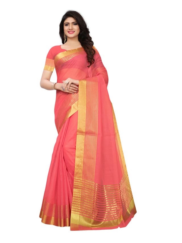SIRIL Women's Gold Stripes Kota Doria Cotton Silk Saree with Unstitched Blouse(807S2_Peach) - Image 4
