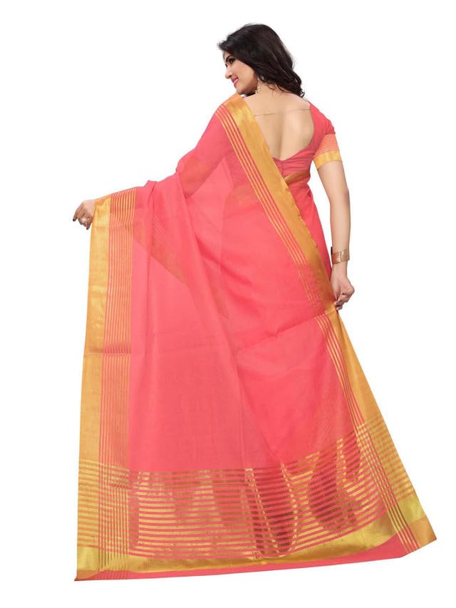 SIRIL Women's Gold Stripes Kota Doria Cotton Silk Saree with Unstitched Blouse(807S2_Peach) - Image 2