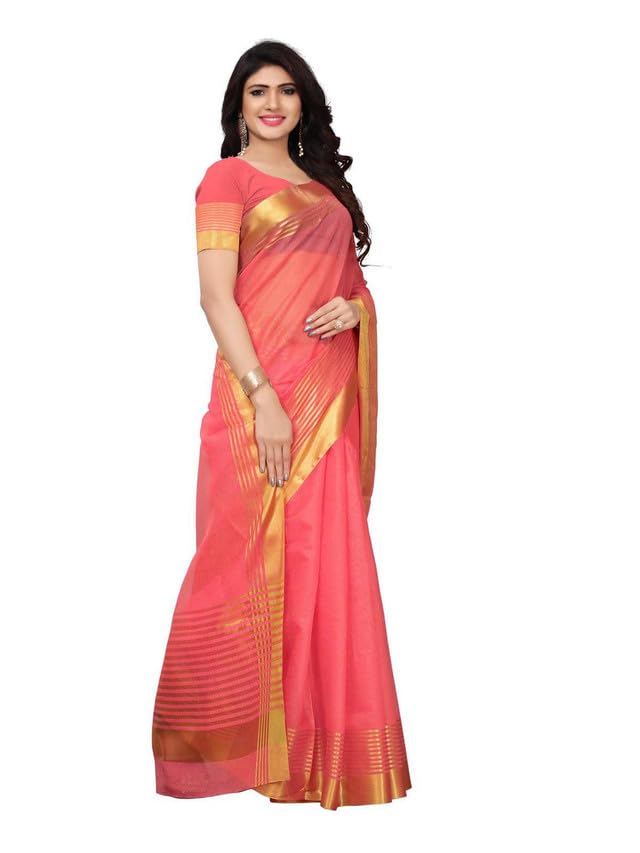 SIRIL Women's Gold Stripes Kota Doria Cotton Silk Saree with Unstitched Blouse(807S2_Peach) - Image 3