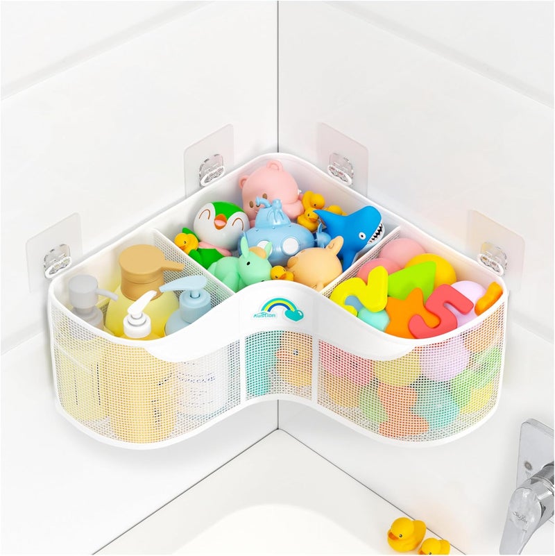Austion 3-Compartment Corner Bath Toy Storage Organizer for Tub - Wide-Opening Mesh Kids Bath Toy Holder with Easy Sorting & Storage, Quick-Drying Machine-Washable Bathroom Organizer for Tidy Bathtub - Image 1