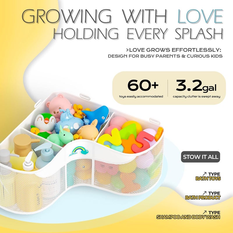 Austion 3-Compartment Corner Bath Toy Storage Organizer for Tub - Wide-Opening Mesh Kids Bath Toy Holder with Easy Sorting & Storage, Quick-Drying Machine-Washable Bathroom Organizer for Tidy Bathtub - Image 2