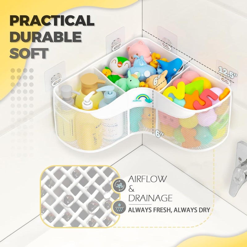Austion 3-Compartment Corner Bath Toy Storage Organizer for Tub - Wide-Opening Mesh Kids Bath Toy Holder with Easy Sorting & Storage, Quick-Drying Machine-Washable Bathroom Organizer for Tidy Bathtub - Image 3