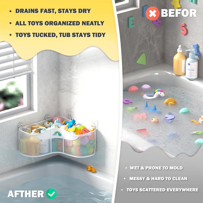 Austion 3-Compartment Corner Bath Toy Storage Organizer for Tub - Wide-Opening Mesh Kids Bath Toy Holder with Easy Sorting & Storage, Quick-Drying Machine-Washable Bathroom Organizer for Tidy Bathtub - Image 4