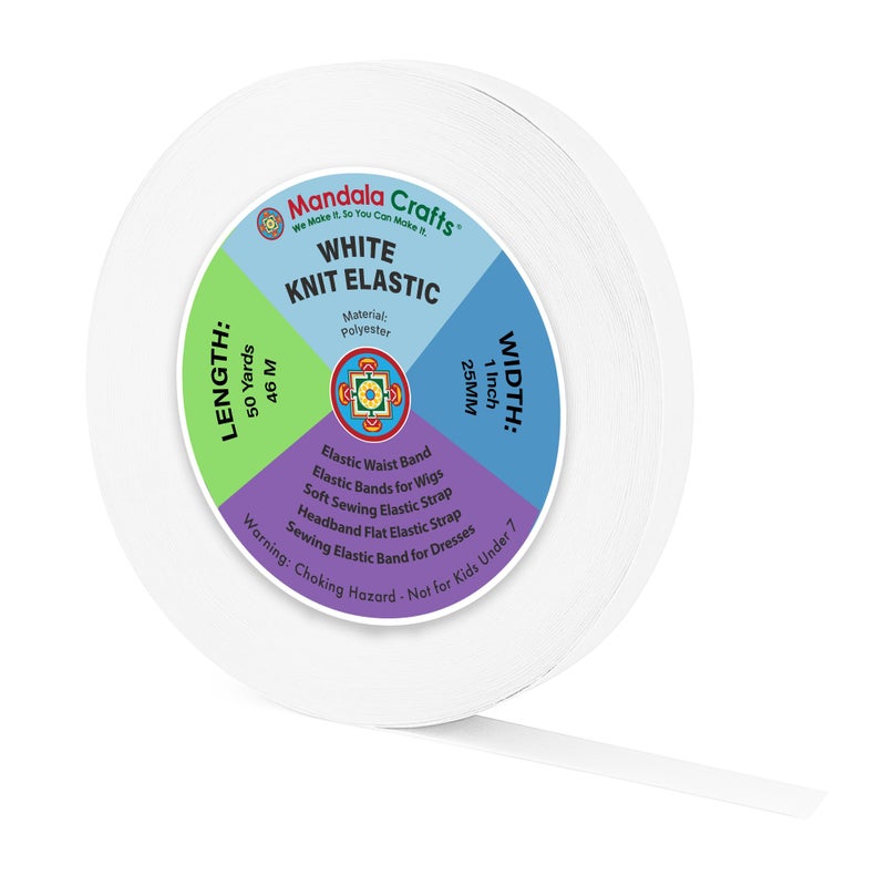 Mandala Crafts Wide 1 Inch White Elastic Bands Spool for Pants Waistbands Sewing and DIY Crafts 50 YD Stretchy Flat Fabric Strap Knit Elastic Band for Wig