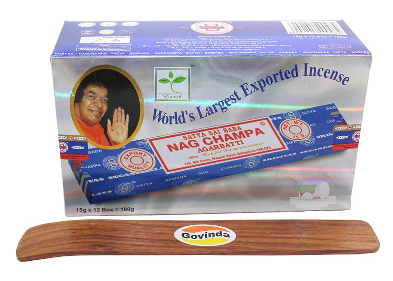 Govinda Incense Stick Holder Bundle with Satya Bangalore BNG Nag Champa Incense Sticks  12 Boxes x 15 Grams