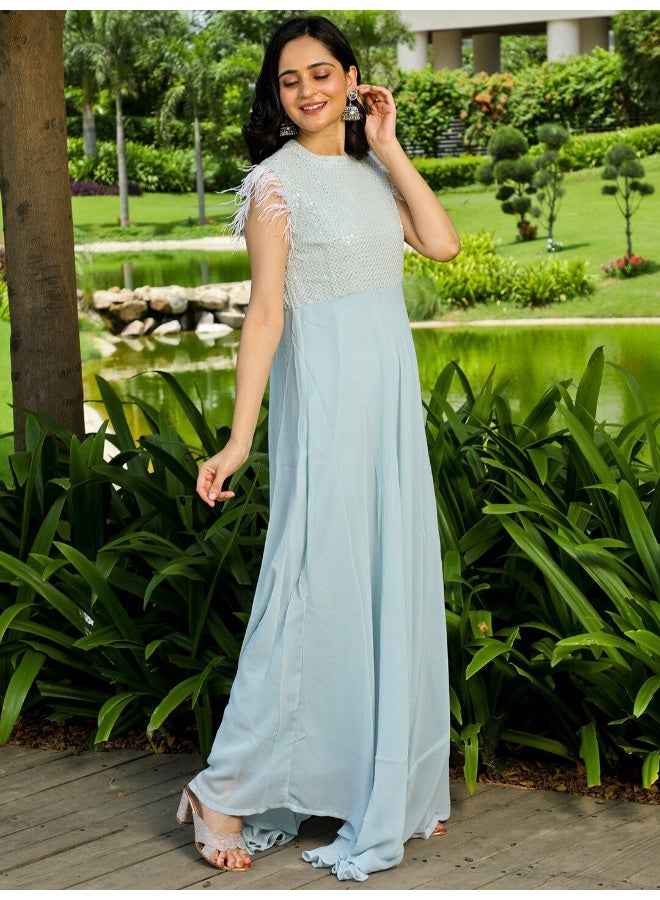 AKS Blue Sequenced Flared Maxi Dress With Fur Lace Detail  - Image 3