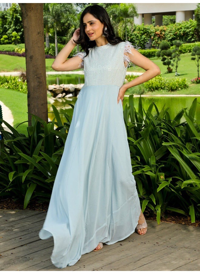 AKS Blue Sequenced Flared Maxi Dress With Fur Lace Detail  - Image 1