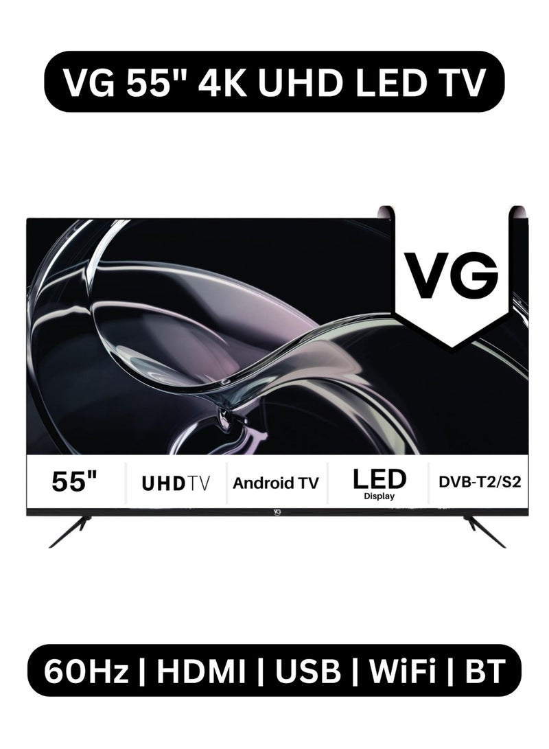 VG 55 Inch 4K UHD Android Smart Television (2026 Model) 55" Ultra HD Smart TV with Android 15 | A+ Grade Panel | Edgeless Design | Wifi & Bluetooth | DVB-T2/S2 Digital Tuner | Ultra HD LED Television | Free Wall Mount Included - VGLED55AOU - Image 1