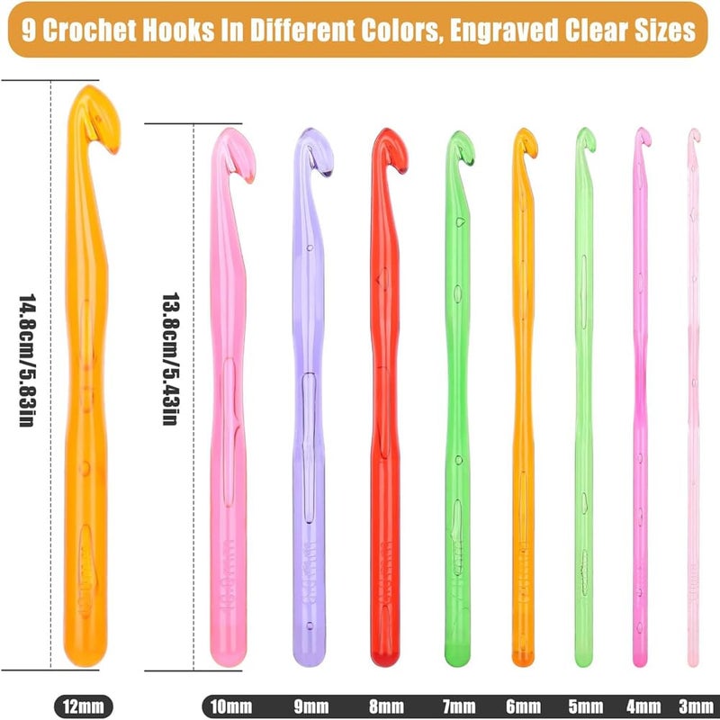 Jasol 9pcs Acrylic Crochet Hook Set, Crystallites Acrylic Crochet Hooks with Ergonomic Handles for Arthritic Handles, 3mm-12mm Crochet Hook Extra Deeper Crochet Needle for Beginners Crocheting Yarn - Image 5