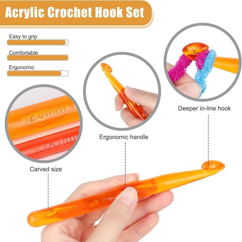 Jasol 9pcs Acrylic Crochet Hook Set, Crystallites Acrylic Crochet Hooks with Ergonomic Handles for Arthritic Handles, 3mm-12mm Crochet Hook Extra Deeper Crochet Needle for Beginners Crocheting Yarn - Image 3