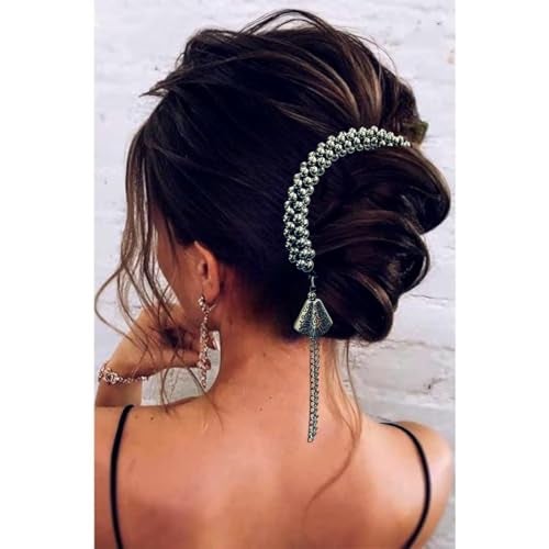 Vientiq 2-in-1 Set Ethnic Gajra Cum Wrist Wrap Bracelet Hairpiece Hair Accessory Set(Silver) - Image 2