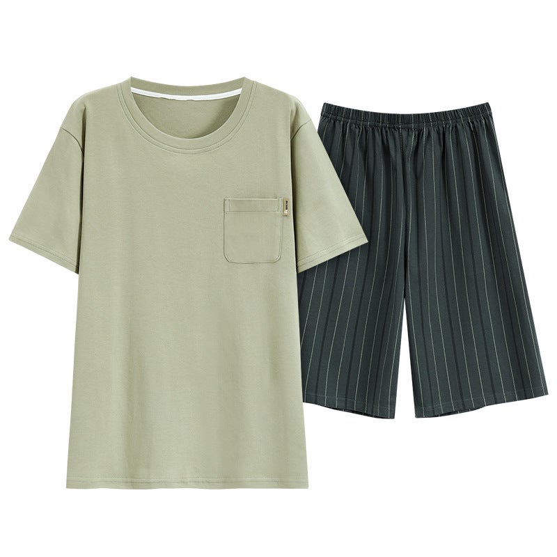 Cartoon Men's Summer Sleepwear Set with Short Sleeves and Shorts, Striped, Round Neck - Image 5