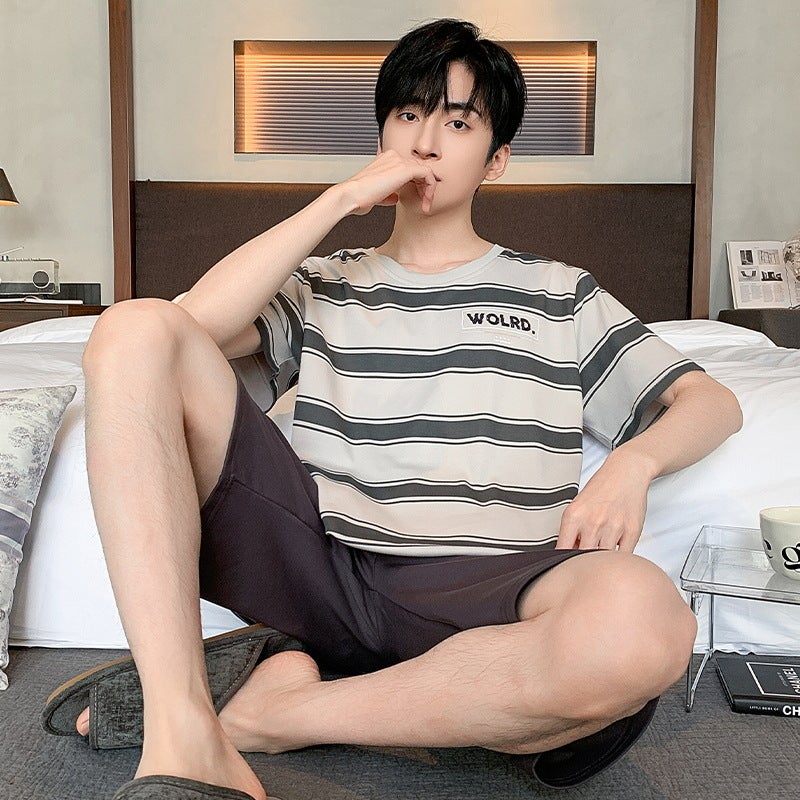 Cartoon Men's Summer Sleepwear Set with Short Sleeves and Shorts, Striped, Round Neck - Image 4