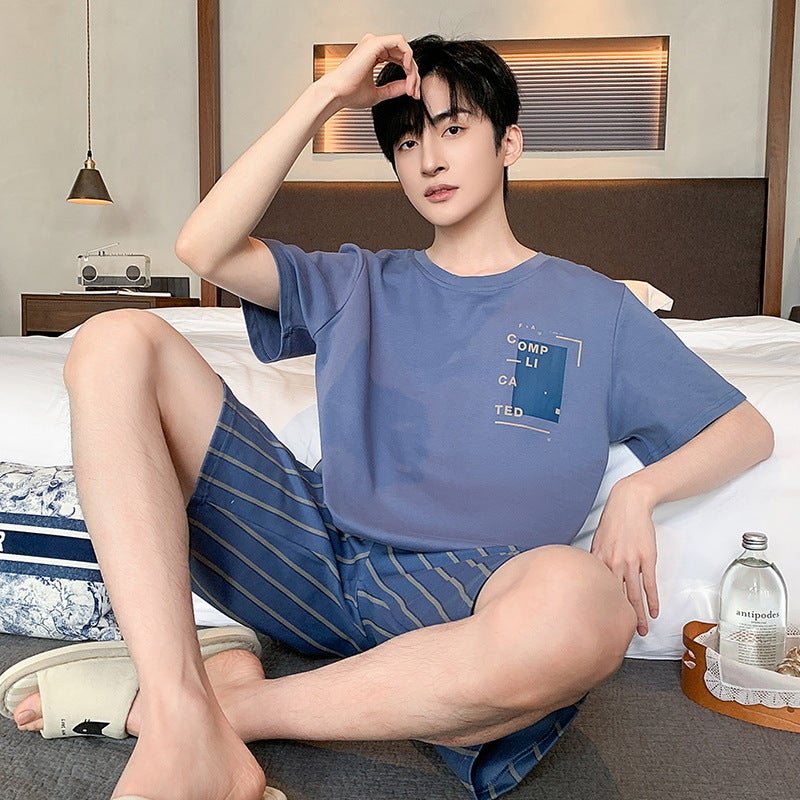 Cartoon Men's Summer Sleepwear Set with Short Sleeves and Shorts, Striped, Round Neck - Image 2